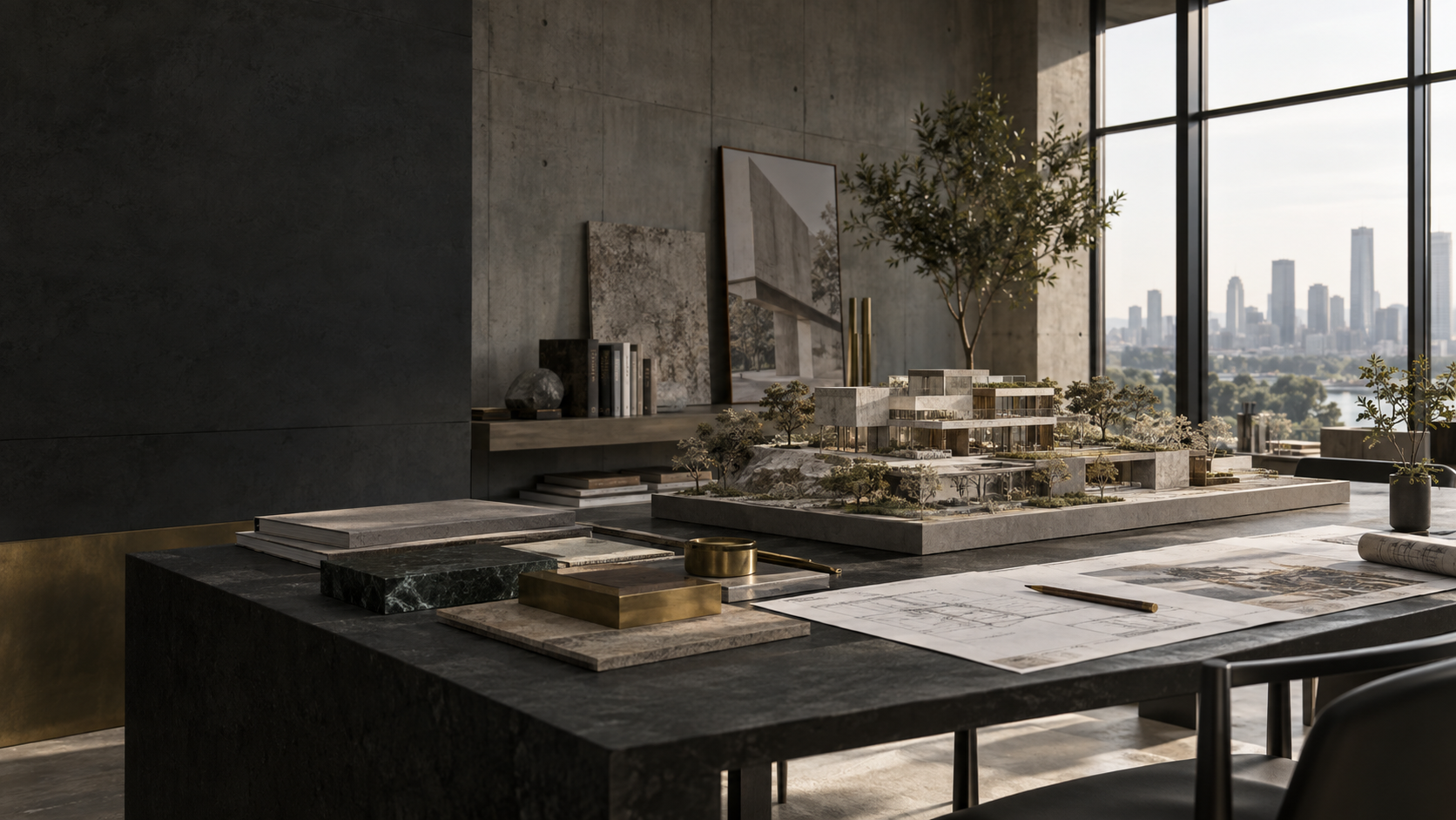 A refined architectural model arranged in a contemporary design studio