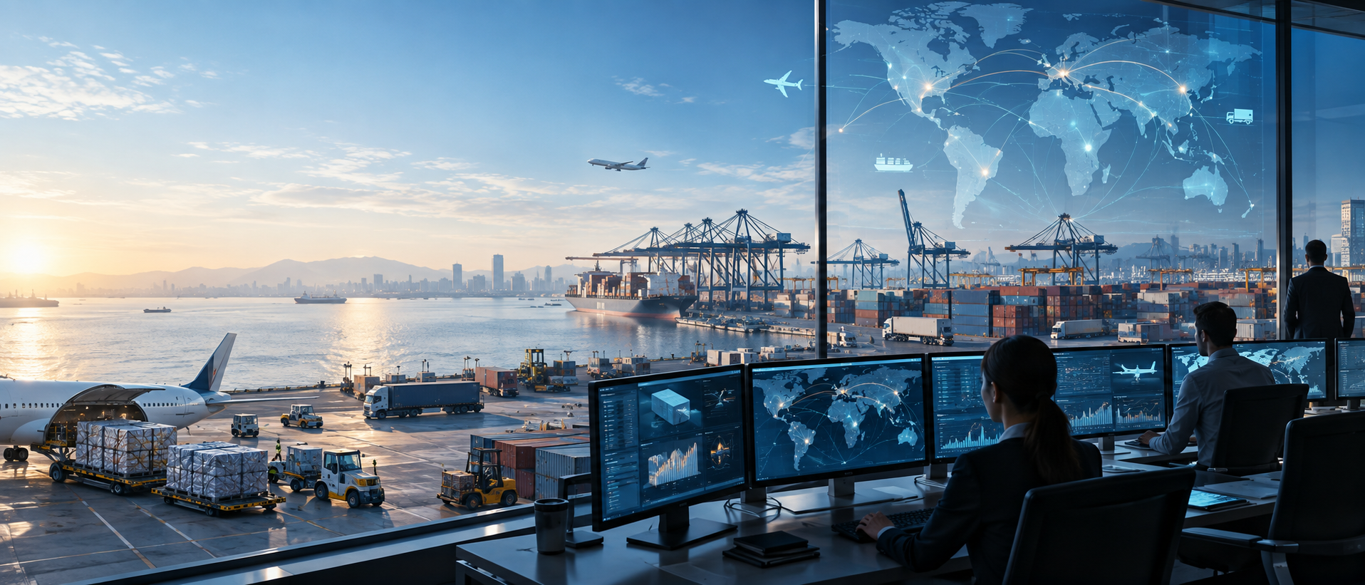 A logistics control room overlooking an international port and air freight operation